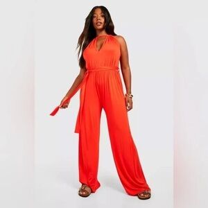 Boohoo | PLUS JERSEY KNIT KEY HOLE BELTED JUMPSUIT ORANGE VARIOUS SIZES